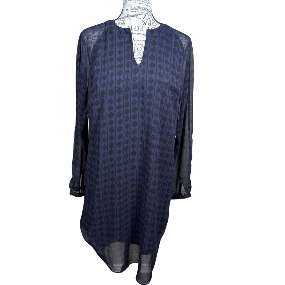 CAbi Navy Diamond-Print Long‎ Sleeve Shift Dress